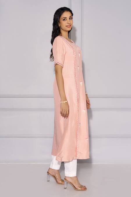 Kressa Pink Cotton, Silk Embroidery Boat Neck Hand Asymmetric Kurta And Pant Set Online at Aza Fashions Kressa_Pink Cotton, Silk Embroidery Boat Neck Hand Asymmetric Kurta And Pant Set_Online_at_Aza_Fashions
