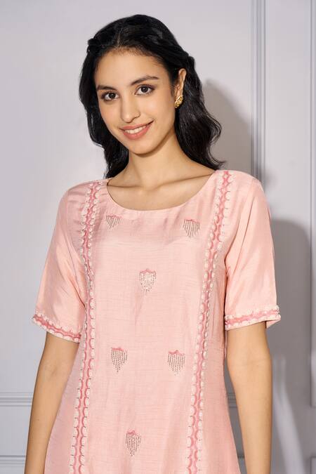 Shop Kressa Pink Cotton, Silk Embroidery Boat Neck Hand Asymmetric Kurta And Pant Set Online at Aza Fashions Shop_Kressa_Pink Cotton, Silk Embroidery Boat Neck Hand Asymmetric Kurta And Pant Set_Online_at_Aza_Fashions