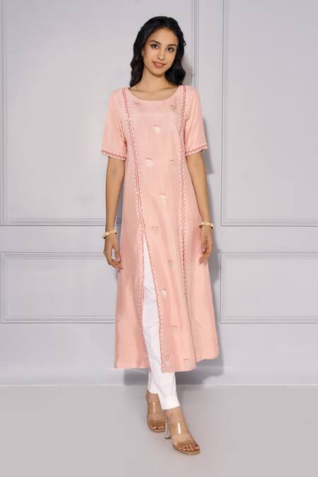 Kressa Pink Cotton, Silk Embroidery Boat Neck Hand Asymmetric Kurta And Pant Set at Aza Fashions Kressa_Pink Cotton, Silk Embroidery Boat Neck Hand Asymmetric Kurta And Pant Set_at_Aza_Fashions