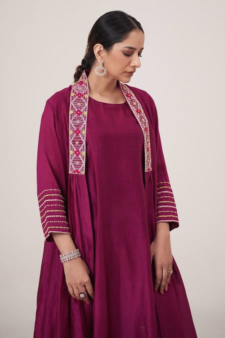 Shop Hirika & Dhruti Magenta Silk, Cotton, Chanderi Embroidery Round Neck Jacket Pant Set at Aza Fashions Shop_Hirika & Dhruti_Magenta Silk, Cotton, Chanderi Embroidery Round Neck Jacket Pant Set _at_Aza_Fashions
