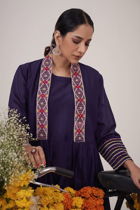 Shop Hirika & Dhruti Purple Silk, Chanderi, Cotton Embroidery, Tassels Round Resham Jacket Pant Set at Aza Fashions Shop_Hirika & Dhruti_Purple Silk, Chanderi, Cotton Embroidery, Tassels Round Resham Jacket Pant Set _at_Aza_Fashions
