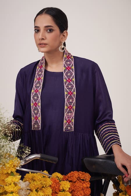 Hirika & Dhruti Purple Silk, Chanderi, Cotton Embroidery, Tassels Round Resham Jacket Pant Set Online at Aza Fashions Hirika & Dhruti_Purple Silk, Chanderi, Cotton Embroidery, Tassels Round Resham Jacket Pant Set _Online_at_Aza_Fashions