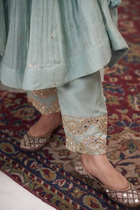 Buy_Hirika & Dhruti_Blue Chanderi Zari, Embroidery V-neck Zardosi Anarkali Pant Set _Online_at_Aza_Fashions