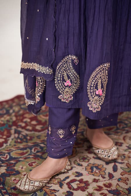 Hirika & Dhruti_Purple Chanderi Embroidery V-neck Marodi Work Anarkali Pant Set _Online_at_Aza_Fashions