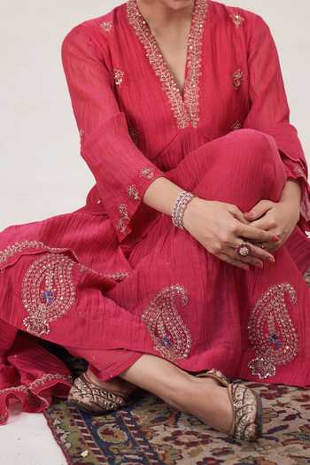 Hirika & Dhruti Pink Malai Chanderi Marodi Embroidered Anarkali Pant Set For Kids Online at Aza Fashions Hirika & Dhruti_Pink Malai Chanderi Marodi Embroidered Anarkali Pant Set For Kids_Online_at_Aza_Fashions