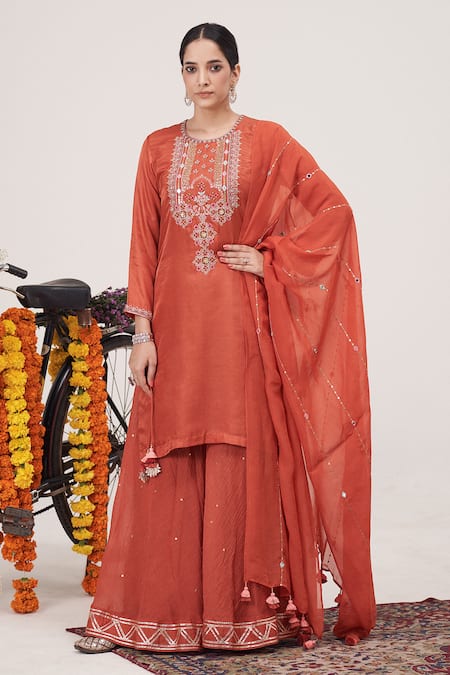 Hirika&Dhruti Orange Kurta Gajji Silk Embroidered Sequin Round Hand Sharara Set 