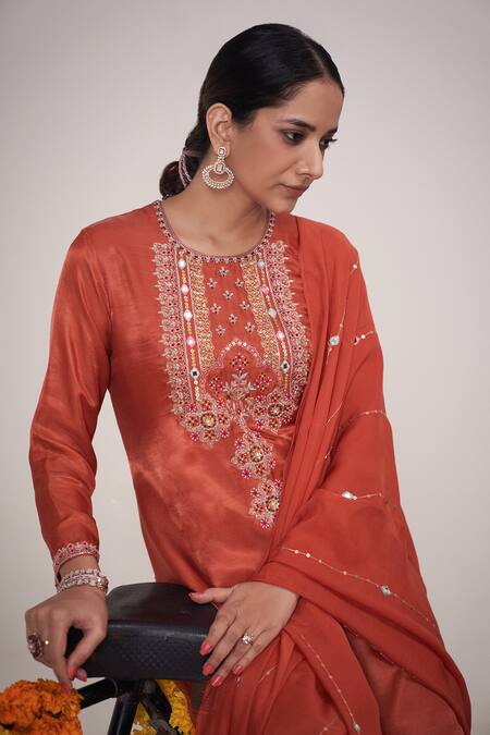 Buy_Hirika & Dhruti_Orange Chanderi, Organza Embroidery, Mirrors, Sequins, Hand Kurta Sharara Set _Online_at_Aza_Fashions