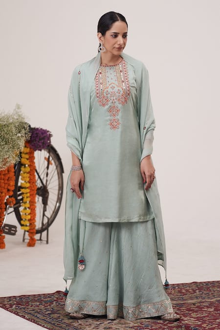 Hirika & Dhruti Blue Gabardine, Chanderi, Organza Embroidery, Gajji Silk Kurta Sharara Set