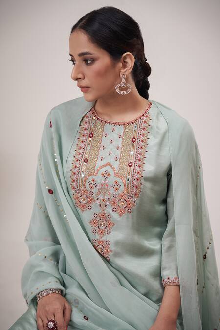 Hirika & Dhruti_Blue Gabardine, Chanderi, Organza Embroidery, Gajji Silk Kurta Sharara Set _Online_at_Aza_Fashions