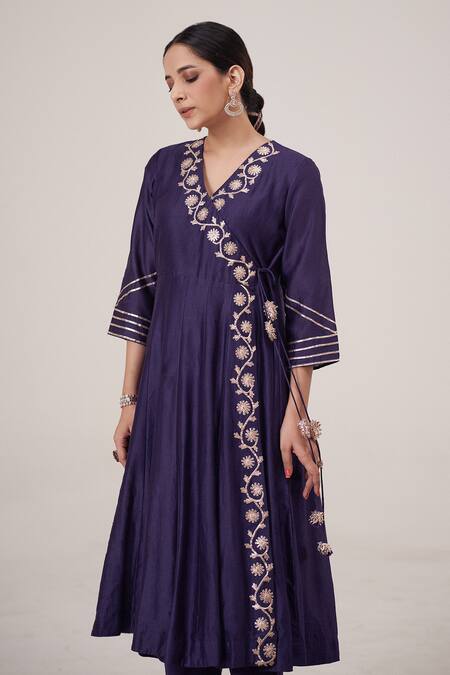 Shop Hirika & Dhruti Purple Silk, Cotton, Organza Gota Patti V-neck Chanderi Angarkha Pant Set at Aza Fashions Shop_Hirika & Dhruti_Purple Silk, Cotton, Organza Gota Patti V-neck Chanderi Angarkha Pant Set _at_Aza_Fashions