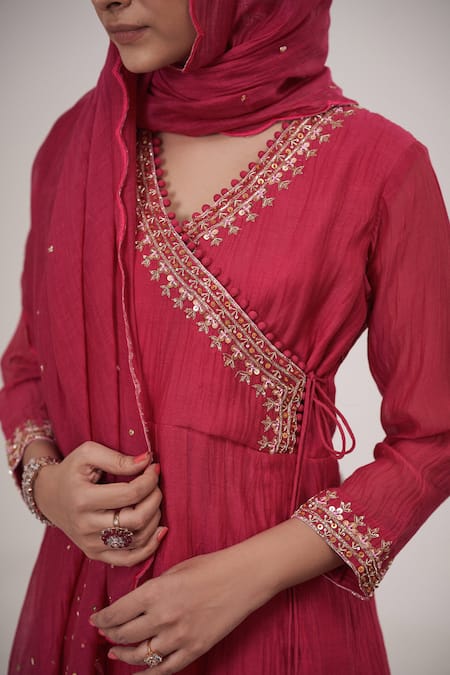Shop Hirika & Dhruti Pink Chanderi Sequins, Embroidery, Gota Patti V-neck Angarkha Pant Set at Aza Fashions Shop_Hirika & Dhruti_Pink Chanderi Sequins, Embroidery, Gota Patti V-neck Angarkha Pant Set _at_Aza_Fashions