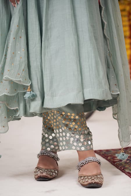 Hirika & Dhruti_Blue Chanderi Sequins, Embroidery V-neck And Thread Angarkha Pant Set _Online_at_Aza_Fashions
