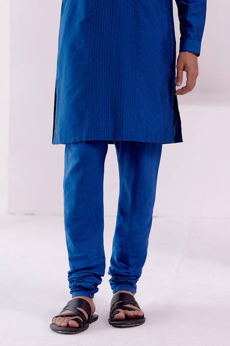 Devnaagri_Blue , Satin Pintuck Pattern Kurta With Churidar _at_Aza_Fashions