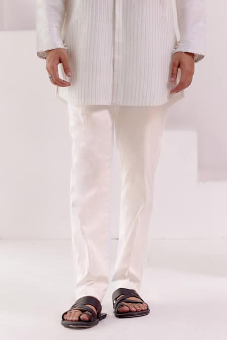 Devnaagri_Ivory Cotton, Silk Embroidery Thread Kurta With Pant _at_Aza_Fashions