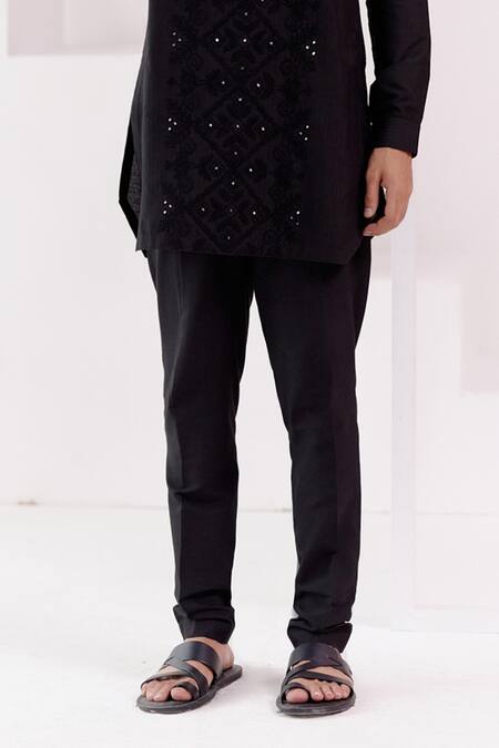 Shop Devnaagri Black Cotton, Silk Embroidery Tonal Geometric Dori Kurta With Pant Online at Aza Fashions Shop_Devnaagri_Black Cotton, Silk Embroidery Tonal Geometric Dori Kurta With Pant _Online_at_Aza_Fashions