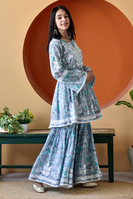 House Of Chikankari_Blue Mulmul Printed And Hand Embroidered Floral & Anarkali & Gharara Set_Online_at_Aza_Fashions
