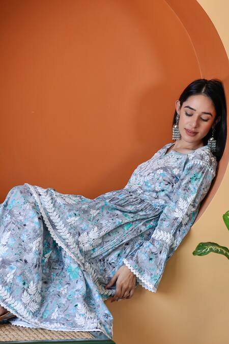 Buy_House Of Chikankari_Blue Mulmul Printed And Hand Embroidered Floral & Anarkali & Gharara Set_Online_at_Aza_Fashions