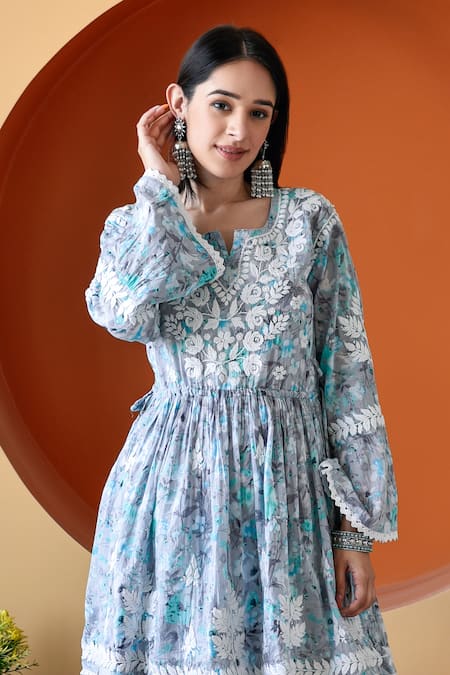 Shop_House Of Chikankari_Blue Mulmul Printed And Hand Embroidered Floral & Anarkali & Gharara Set_Online_at_Aza_Fashions