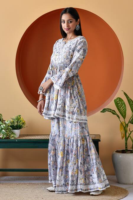 House Of Chikankari_Grey Mulmul Printed And Hand Embroidered Zarah Anarkali & Gharara Set _Online_at_Aza_Fashions