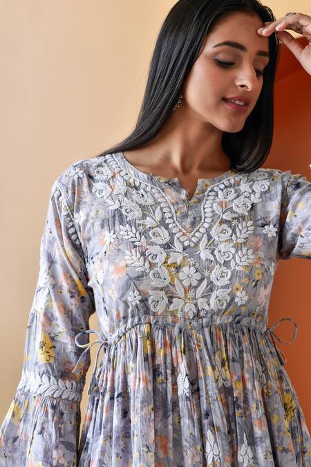 Buy_House Of Chikankari_Grey Mulmul Printed And Hand Embroidered Zarah Anarkali & Gharara Set _Online_at_Aza_Fashions