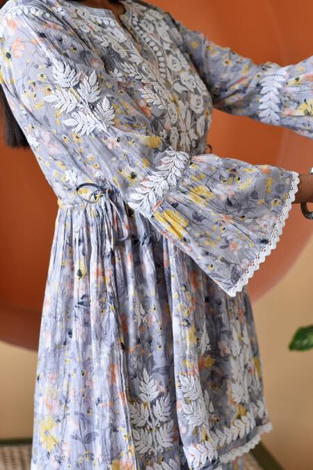 Shop_House Of Chikankari_Grey Mulmul Printed And Hand Embroidered Zarah Anarkali & Gharara Set _Online_at_Aza_Fashions