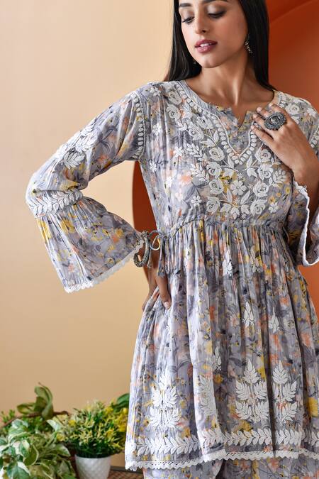 House Of Chikankari_Grey Mulmul Printed And Hand Embroidered Zarah Anarkali & Gharara Set _at_Aza_Fashions