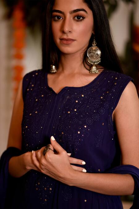 House Of Chikankari_Blue Georgette Hand Embroidered Chikankari Sultana Kurta Sharara Set _Online_at_Aza_Fashions