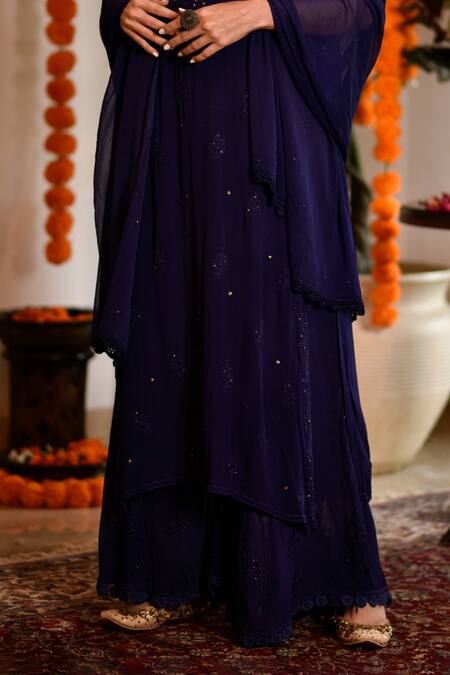 Shop_House Of Chikankari_Blue Georgette Hand Embroidered Chikankari Sultana Kurta Sharara Set _Online_at_Aza_Fashions