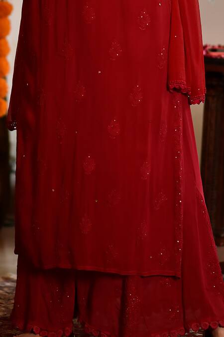 Buy_House Of Chikankari_Red Georgette Hand Embroidered Chikankari Sultana Kurta Sharara Set _Online_at_Aza_Fashions
