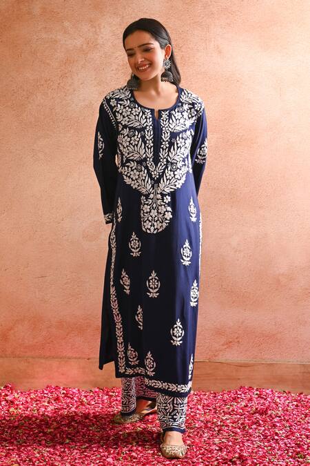 House Of Chikankari_Blue Rayon Hand Embroidered Chikankari Sabiya Kurta And Palazzo Set _Online_at_Aza_Fashions