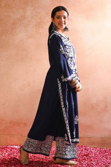 Buy_House Of Chikankari_Blue Rayon Hand Embroidered Chikankari Sabiya Kurta And Palazzo Set _Online_at_Aza_Fashions