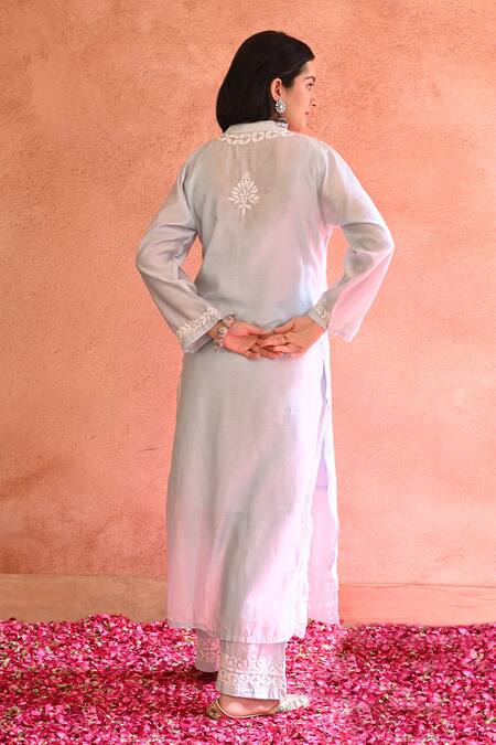 Shop House Of Chikankari Blue Chanderi Hand Embroidered Chikankari Thread Work Powder Kurta Set at Aza Fashions Shop_House Of Chikankari_Blue Chanderi Hand Embroidered Chikankari Thread Work Powder Kurta Set_at_Aza_Fashions