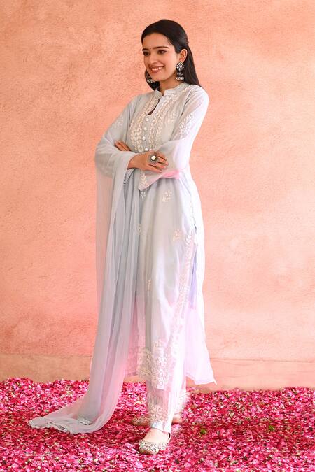 House Of Chikankari Blue Chanderi Hand Embroidered Chikankari Thread Work Powder Kurta Set Online at Aza Fashions House Of Chikankari_Blue Chanderi Hand Embroidered Chikankari Thread Work Powder Kurta Set_Online_at_Aza_Fashions