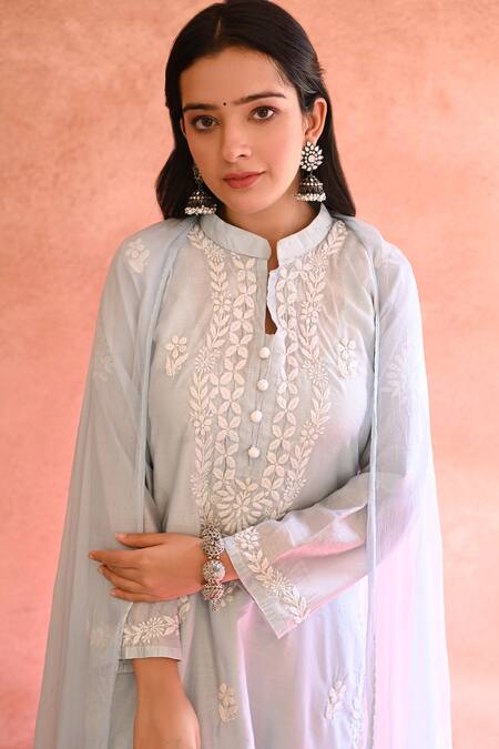Shop House Of Chikankari Blue Chanderi Hand Embroidered Chikankari Thread Work Powder Kurta Set Online at Aza Fashions Shop_House Of Chikankari_Blue Chanderi Hand Embroidered Chikankari Thread Work Powder Kurta Set_Online_at_Aza_Fashions