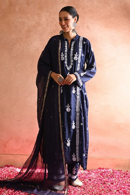 House of Chikankari Aabis Chanderi Chikankari Embroidered Kurta Set 