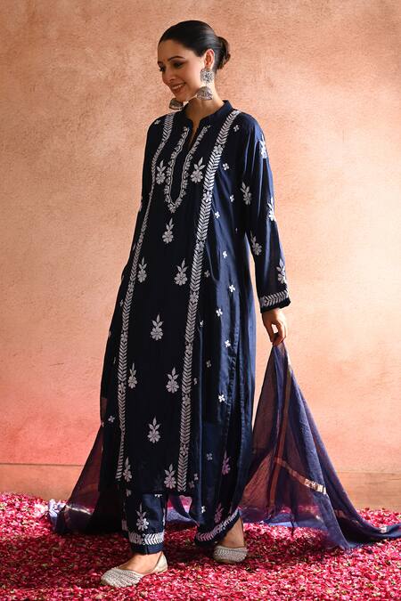 House Of Chikankari_Blue Chanderi Hand Embroidered Chikankari Thread Aabis Kurta Set _Online_at_Aza_Fashions