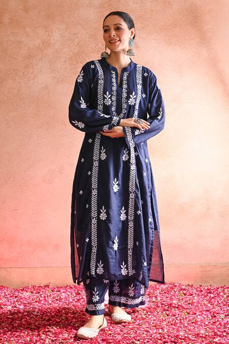 Shop_House Of Chikankari_Blue Chanderi Hand Embroidered Chikankari Thread Aabis Kurta Set _Online_at_Aza_Fashions