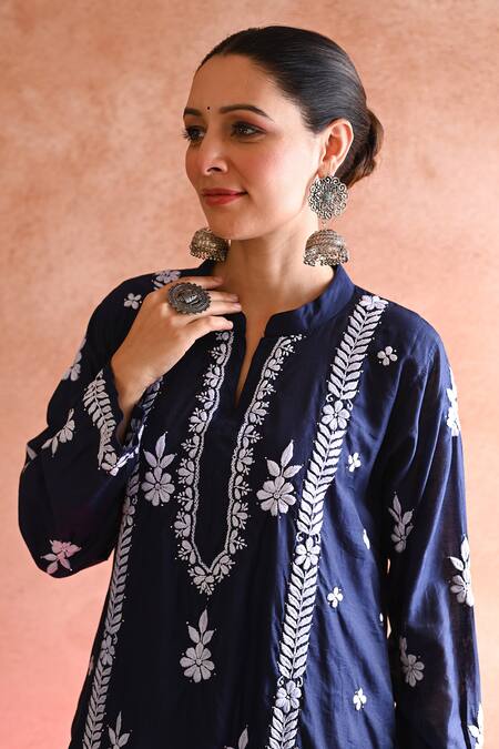 House Of Chikankari_Blue Chanderi Hand Embroidered Chikankari Thread Aabis Kurta Set _at_Aza_Fashions