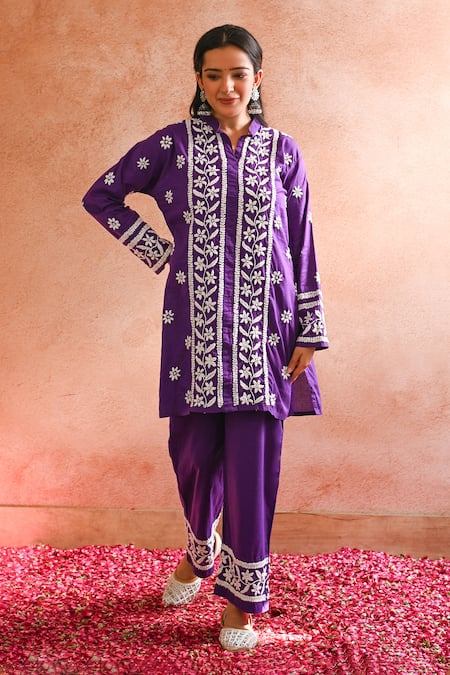 House of Chikankari Purple Cotton Hand Embroidered Chikankari Iram Kurta And Pant Set  