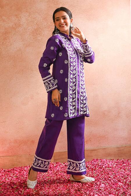 Buy_House Of Chikankari_Purple Cotton Hand Embroidered Chikankari Iram Kurta And Pant Set _Online_at_Aza_Fashions
