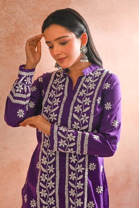 House Of Chikankari_Purple Cotton Hand Embroidered Chikankari Iram Kurta And Pant Set _at_Aza_Fashions