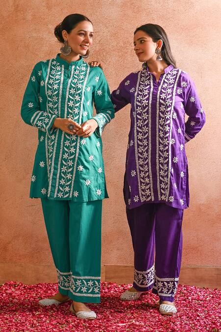 Buy_House Of Chikankari_Purple Cotton Hand Embroidered Chikankari Iram Kurta And Pant Set 