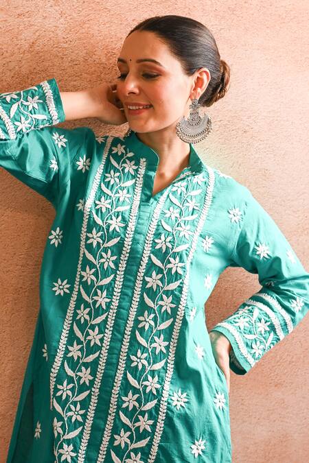 House Of Chikankari_Green Cotton Hand Embroidered Chikankari Iram Kurta And Pant Set _Online_at_Aza_Fashions