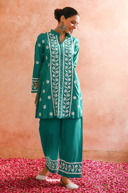 Buy_House Of Chikankari_Green Cotton Hand Embroidered Chikankari Iram Kurta And Pant Set _Online_at_Aza_Fashions