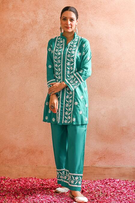 Shop_House Of Chikankari_Green Cotton Hand Embroidered Chikankari Iram Kurta And Pant Set _Online_at_Aza_Fashions