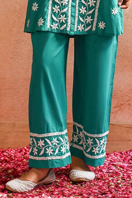 House Of Chikankari_Green Cotton Hand Embroidered Chikankari Iram Kurta And Pant Set _at_Aza_Fashions