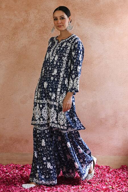 House Of Chikankari_Blue Mulmul Printed And Hand Embroidered Floral Vine & Kurta & Gharara Set_Online_at_Aza_Fashions