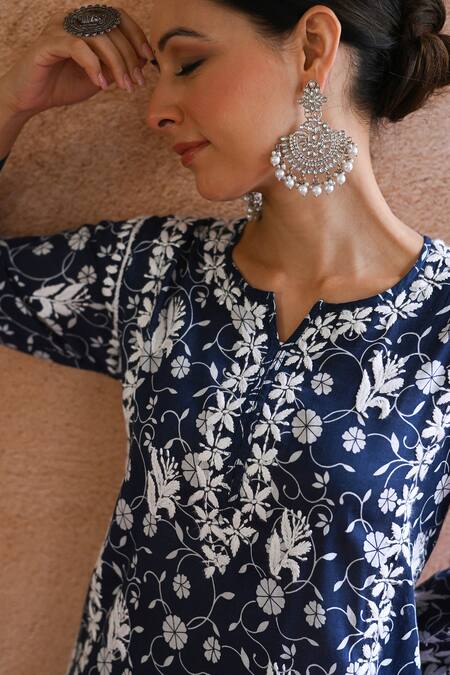 Buy_House Of Chikankari_Blue Mulmul Printed And Hand Embroidered Floral Vine & Kurta & Gharara Set_Online_at_Aza_Fashions