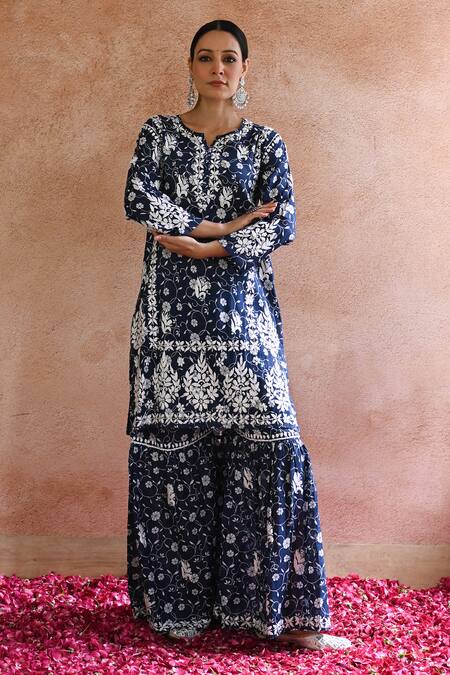 Shop_House Of Chikankari_Blue Mulmul Printed And Hand Embroidered Floral Vine & Kurta & Gharara Set_Online_at_Aza_Fashions