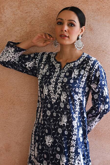 House Of Chikankari_Blue Mulmul Printed And Hand Embroidered Floral Vine & Kurta & Gharara Set_at_Aza_Fashions